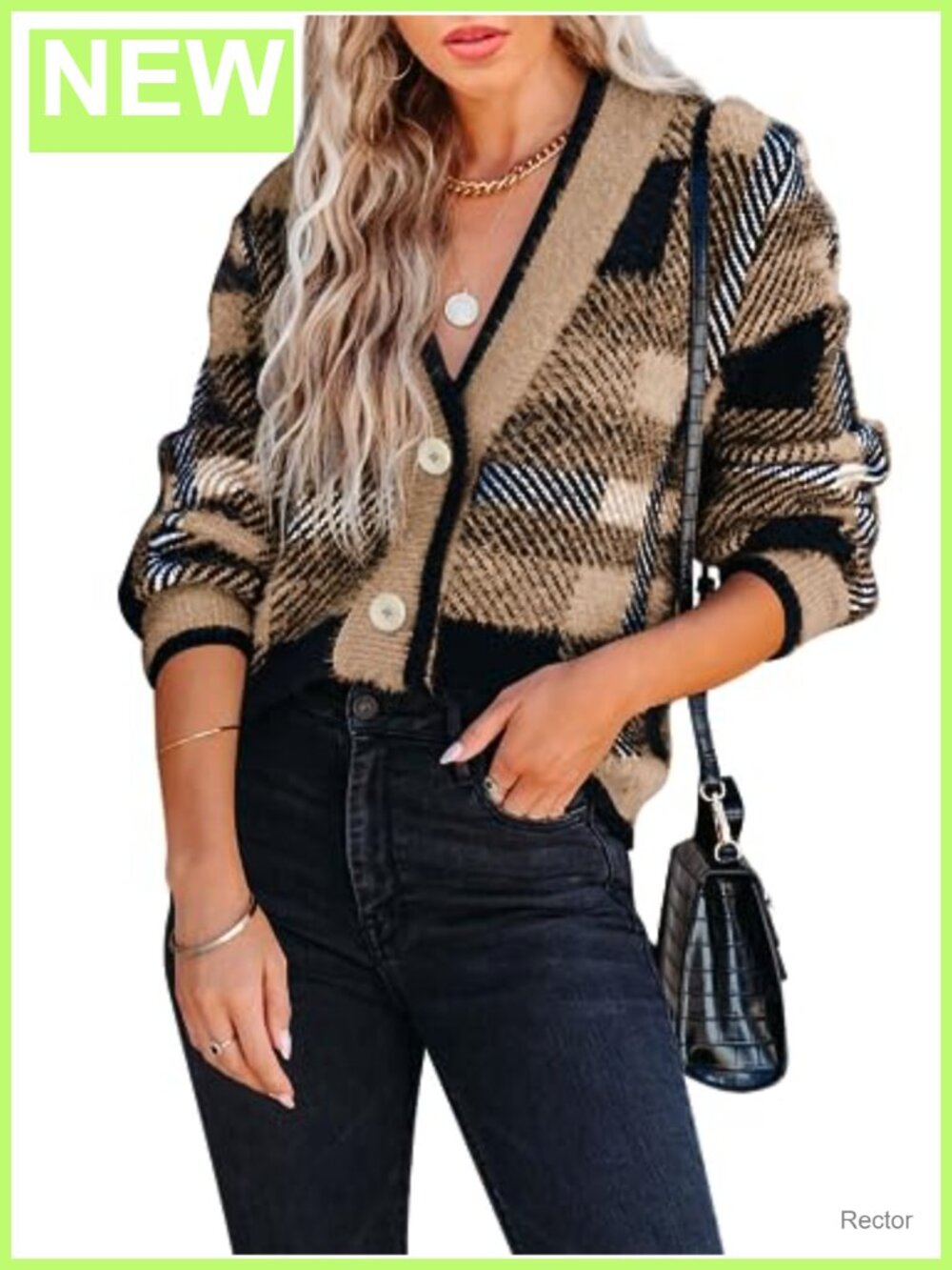 Womens Fuzzy Plaid Knit Cardigan V Neck Button Down Long Sleeve